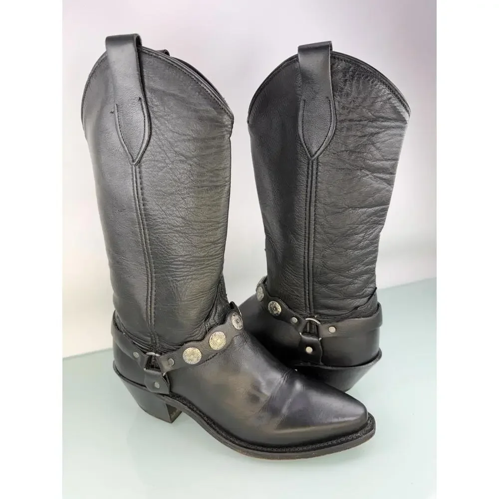 Abilene Black Leather Harness Concho Western Cowgirl Boots USA 5.5M